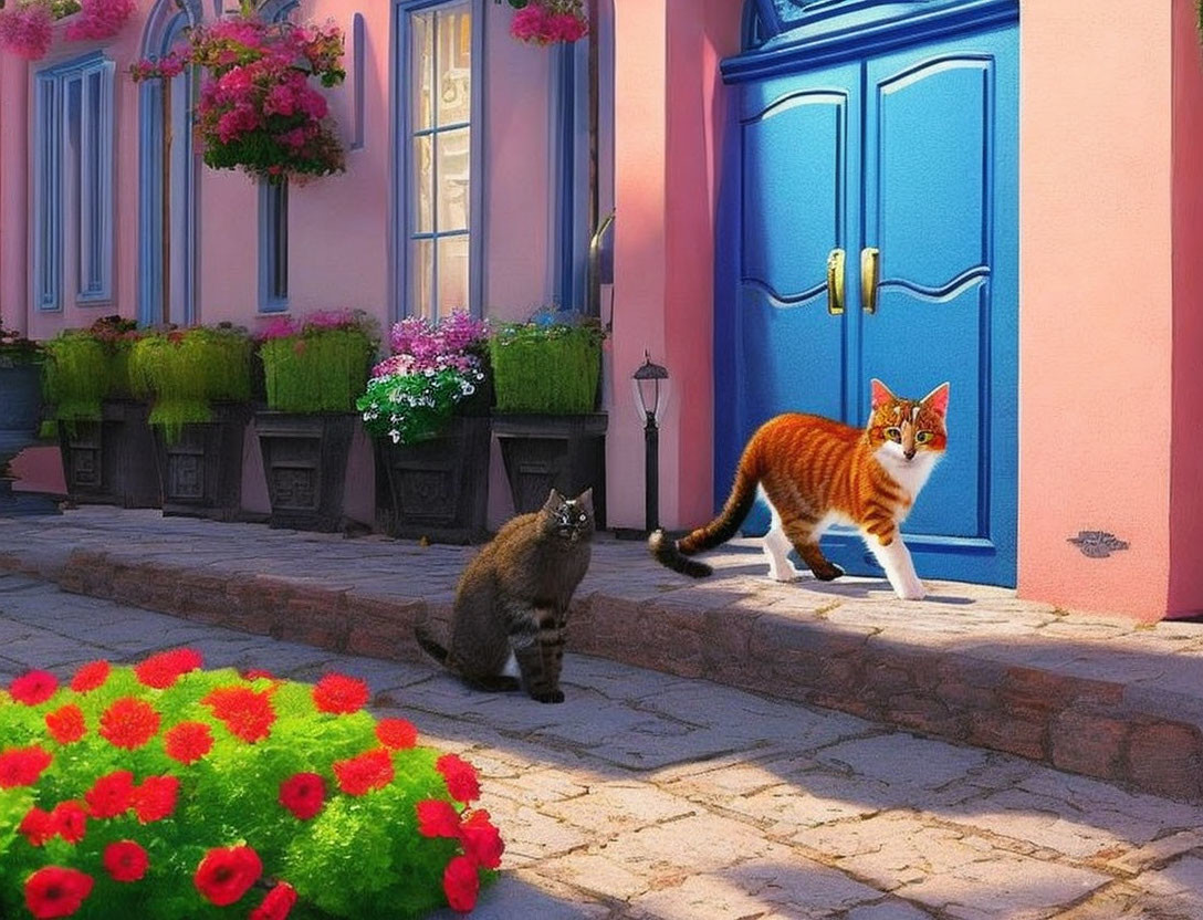 Vibrant cats in front of blue door and pink building with flowers