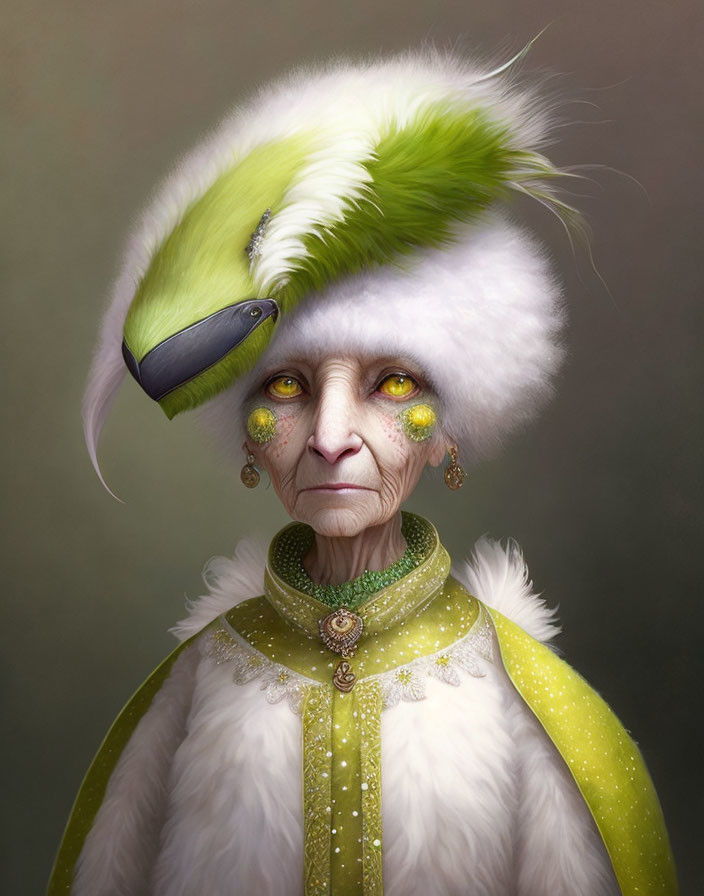 Elderly character with bird-like features in white and green attire