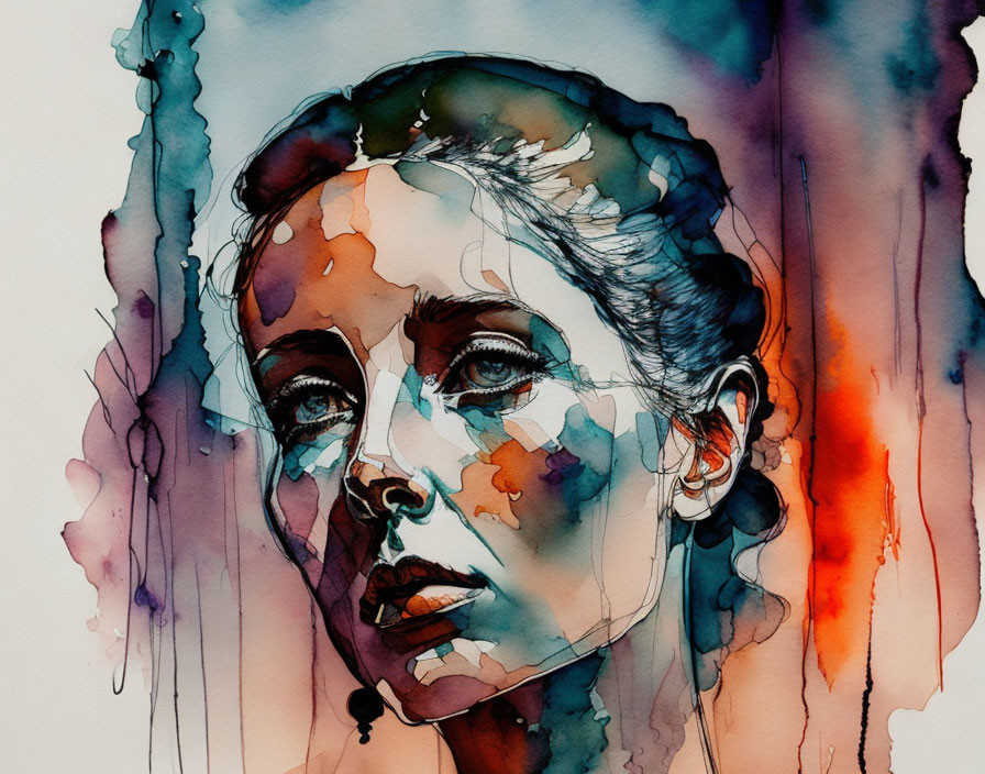 Vibrant watercolor painting of a contemplative woman's face