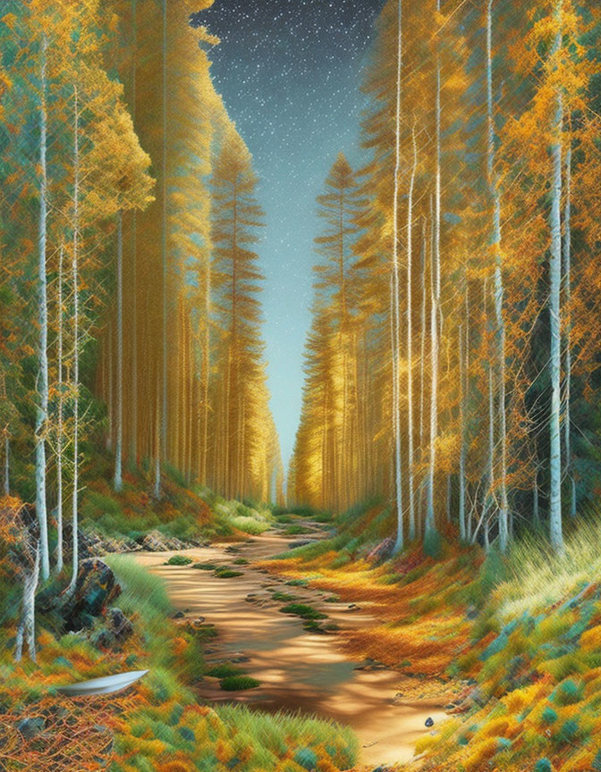 Enchanting forest path with golden autumn trees under starry night sky