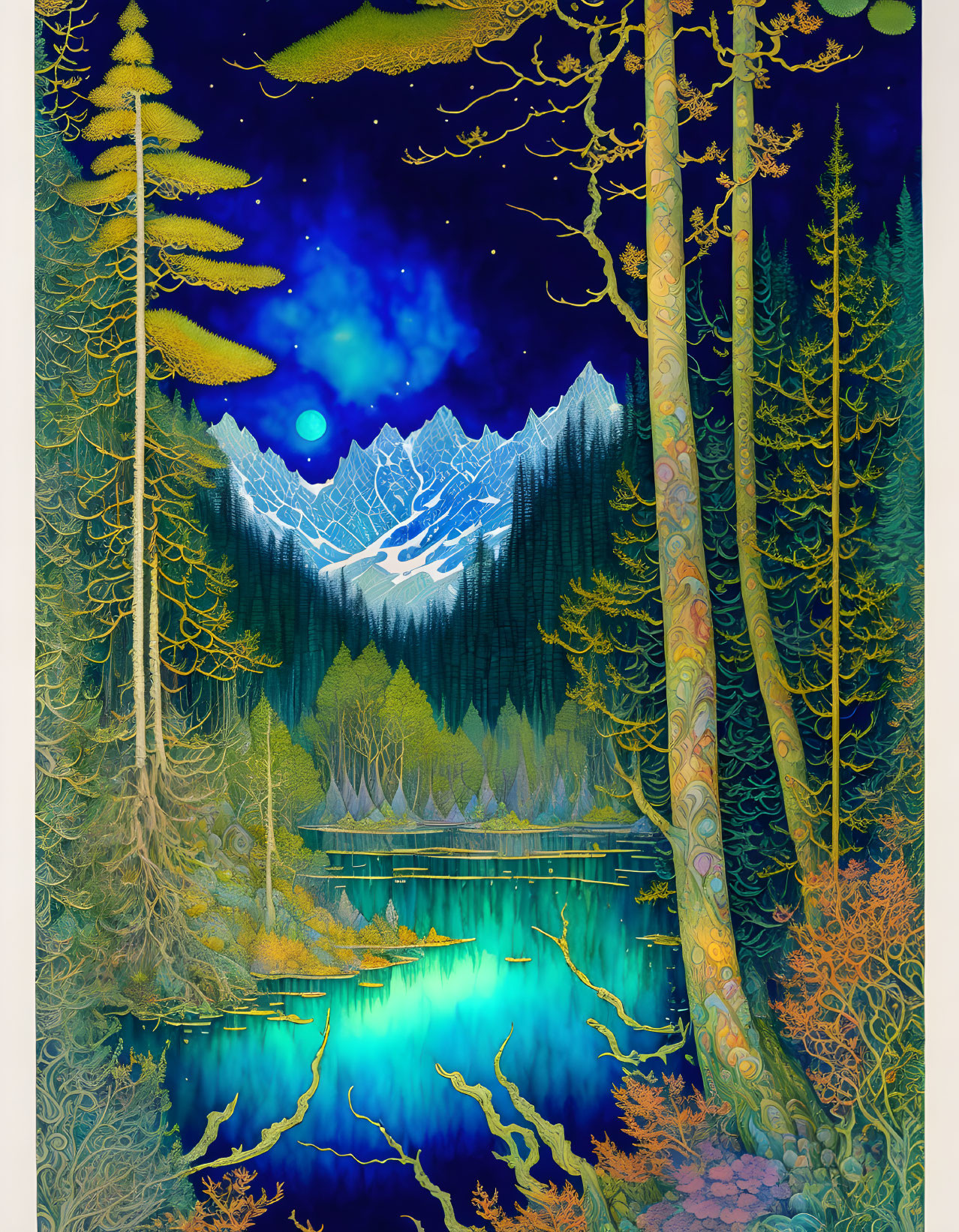 Nighttime scene with pine trees, lake, foliage, mountains, and starry sky.