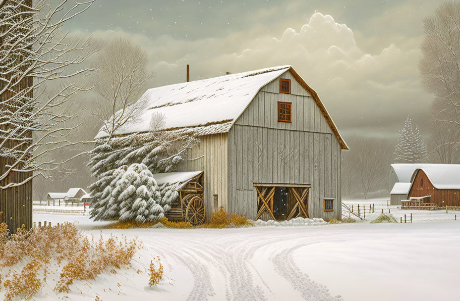 Snow-covered winter landscape with barn, frosted tree, wagon, and path.