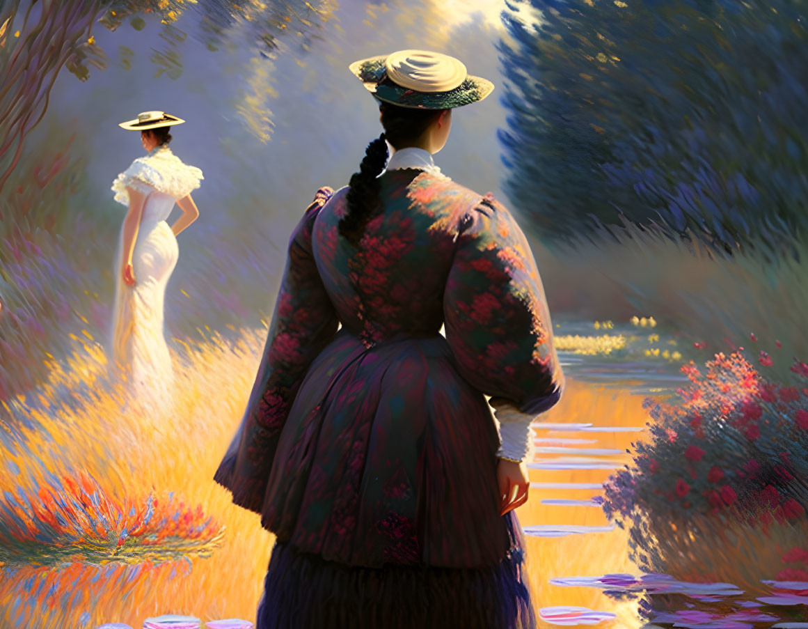 Two women in vintage dresses in vibrant sunlit garden