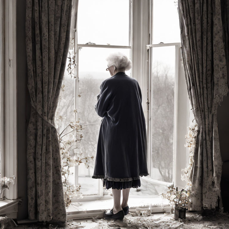 Elderly woman in blue robe gazes out of open window at winter landscape