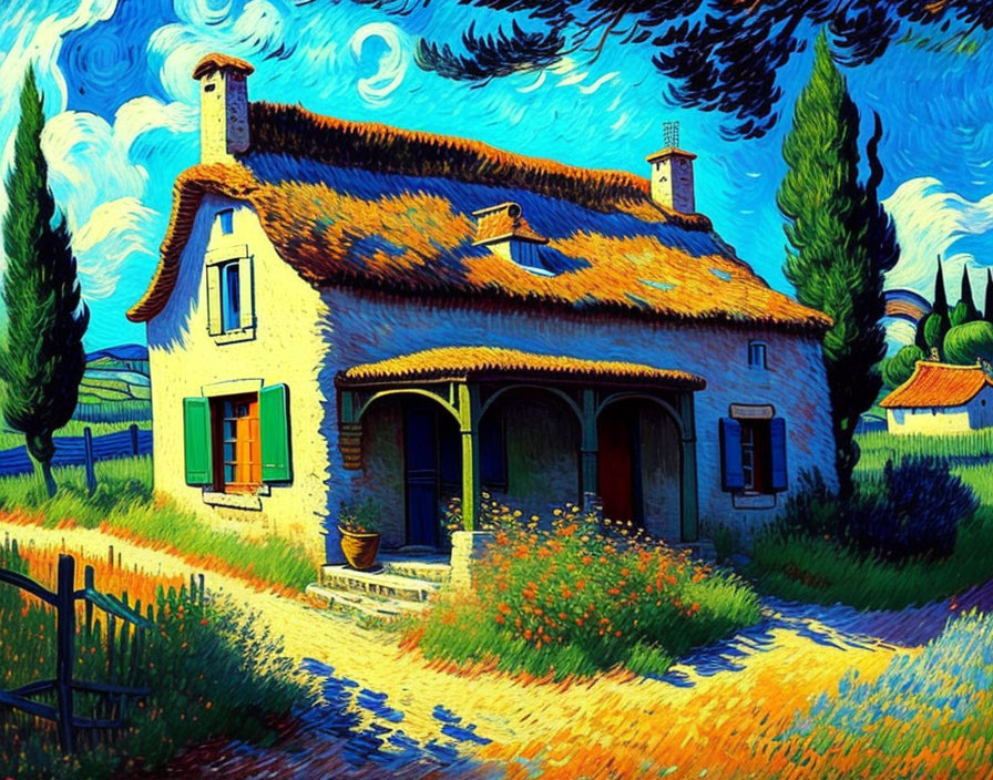 Colorful painting of quaint house with thatched roof in lush greenery under swirling blue sky