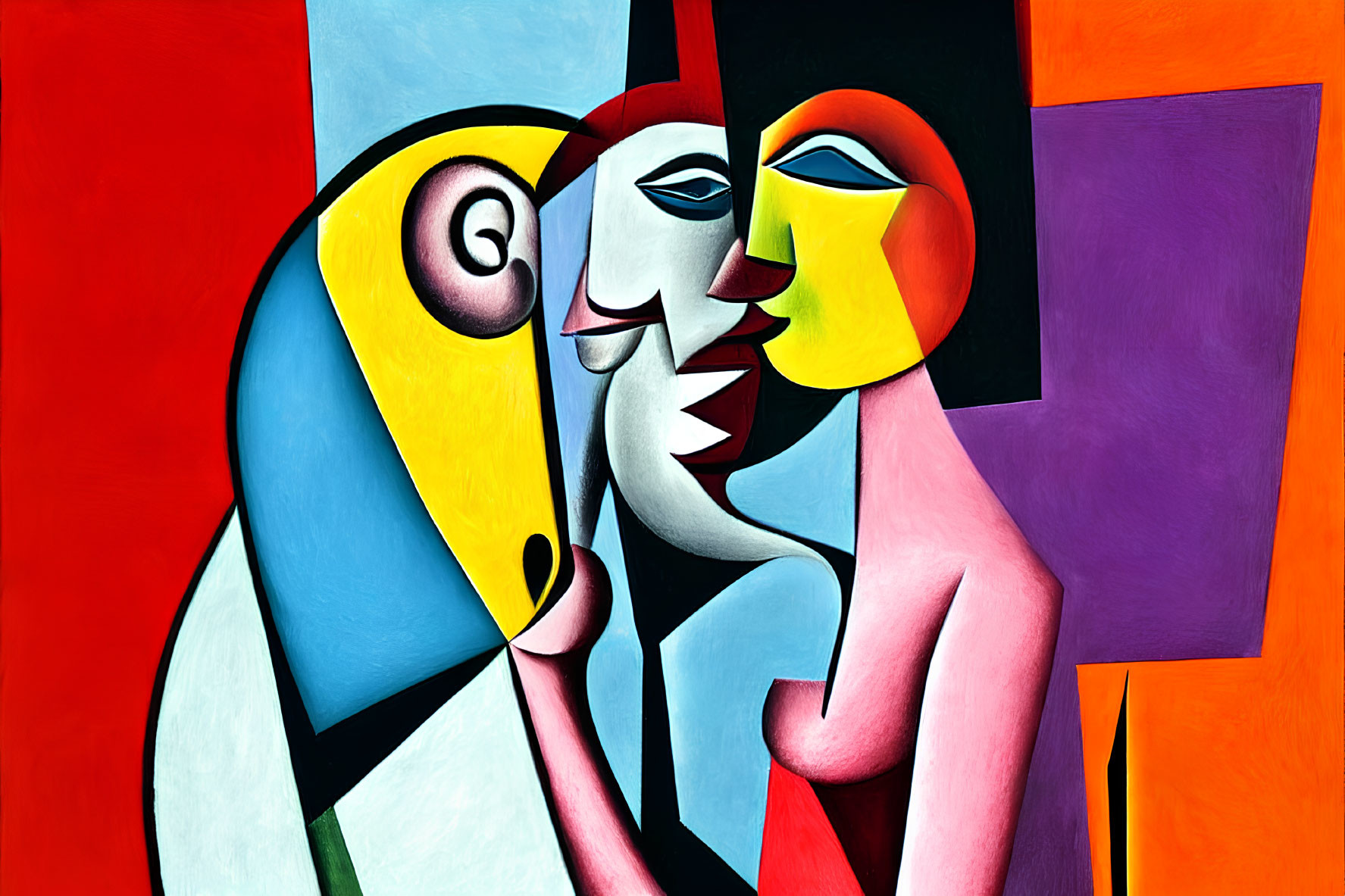 Colorful abstract painting: geometric shapes, bright colors, cubist style, two faces