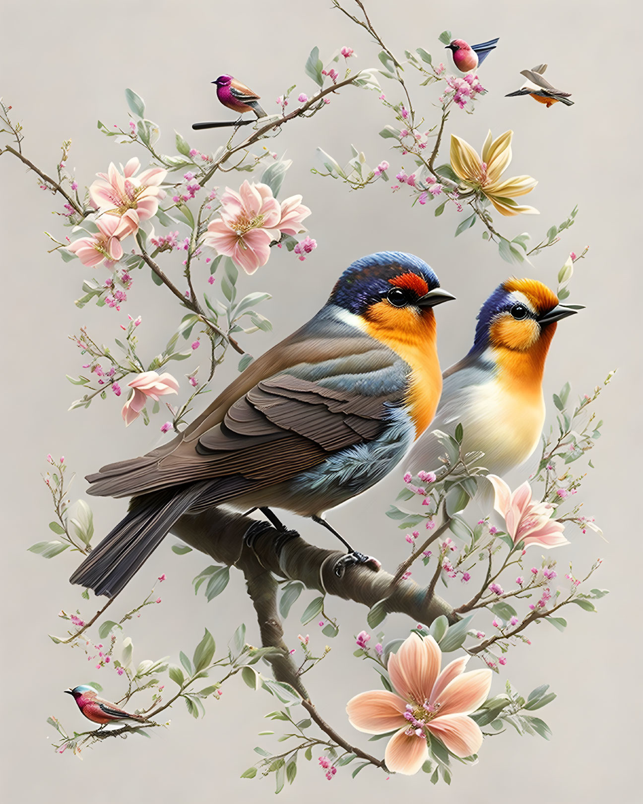 Colorful Birds Perched on Blossom-Adorned Branch