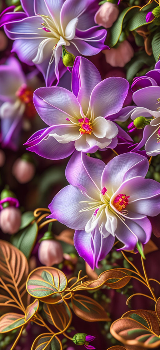 Detailed Close-Up of Vibrant Purple and White Flowers with Yellow Centers