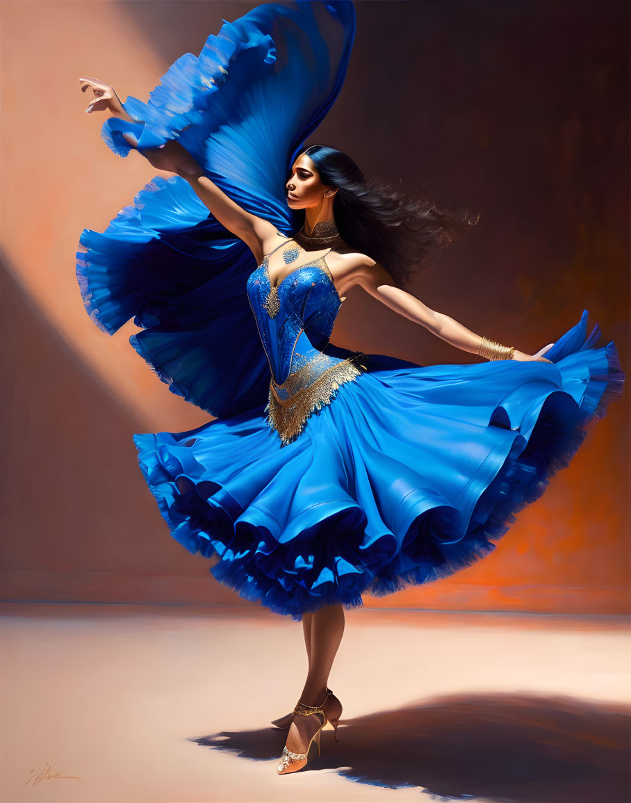 Dark-haired dancer in blue and gold dress twirls against warm backdrop