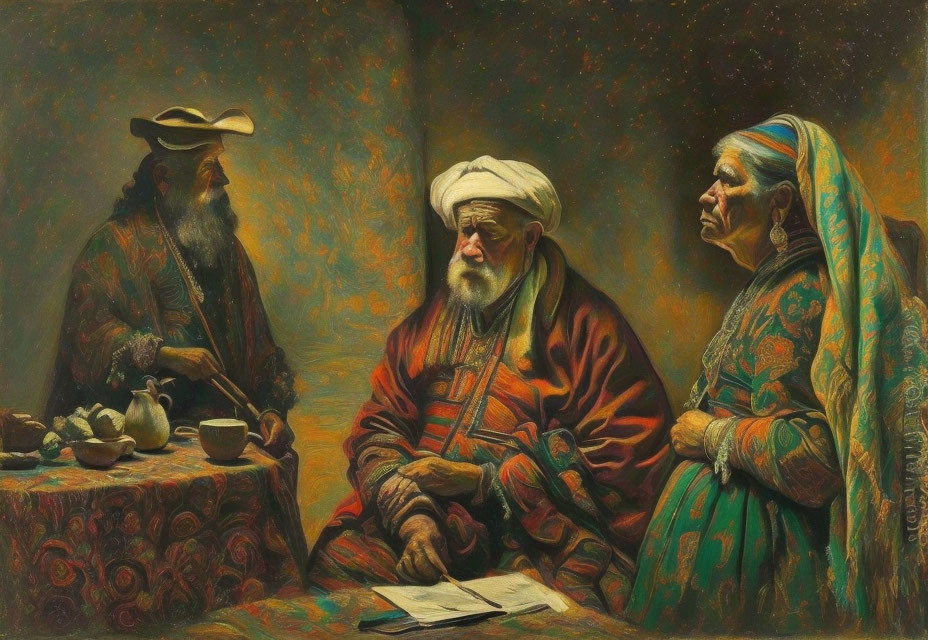 Elderly man with bearded man and woman in traditional colorful garments