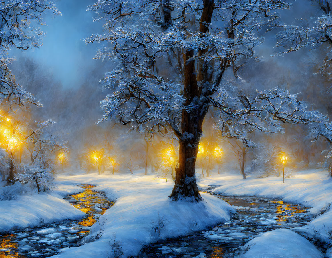 Twilight snow-covered landscape with illuminated trees and meandering stream