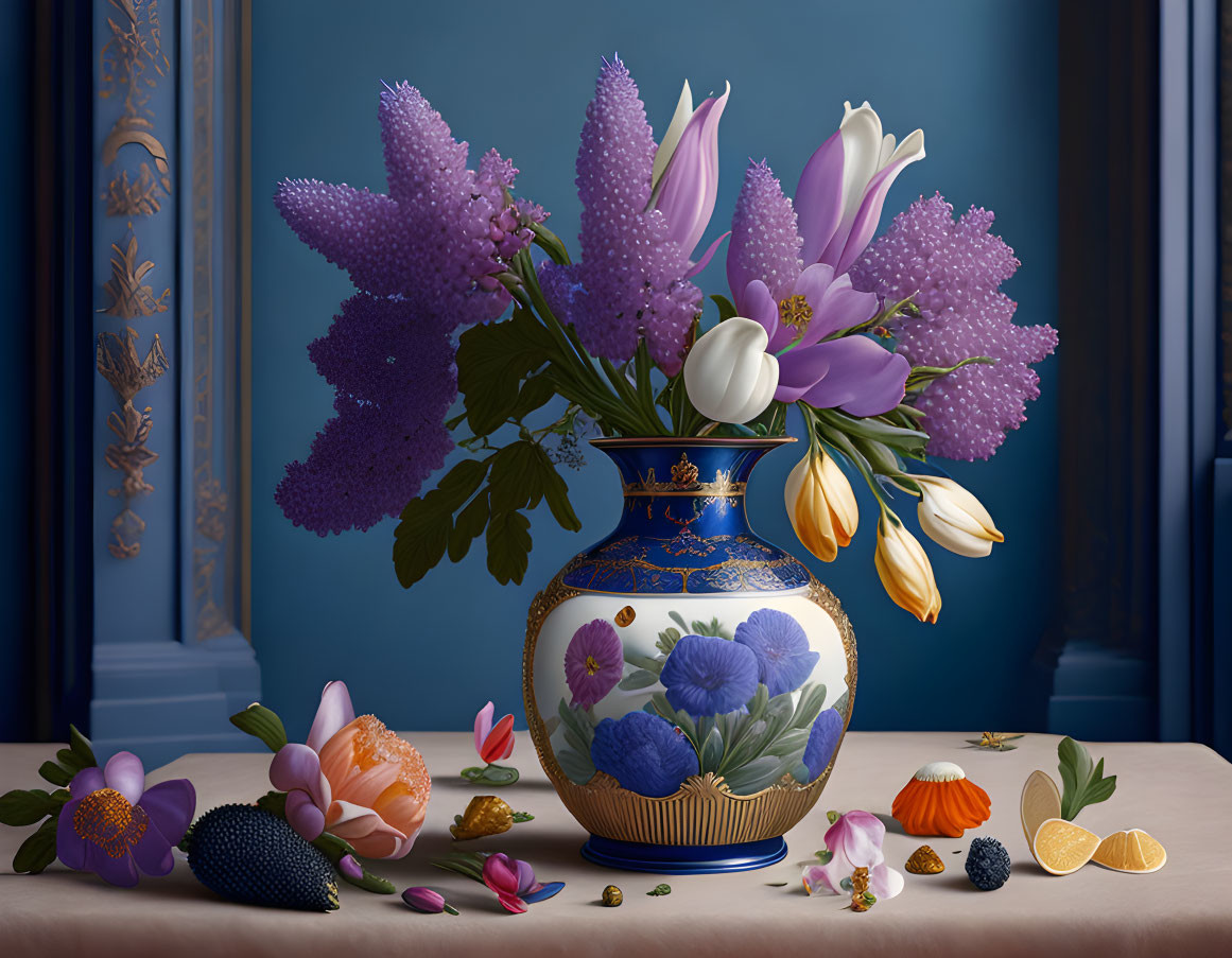 Purple and White Flower Bouquet with Fruits and Seashells on Blue Tabletop