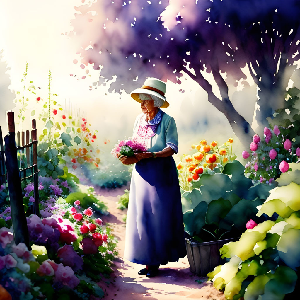 Elderly woman in hat and apron with flowers in lush garden