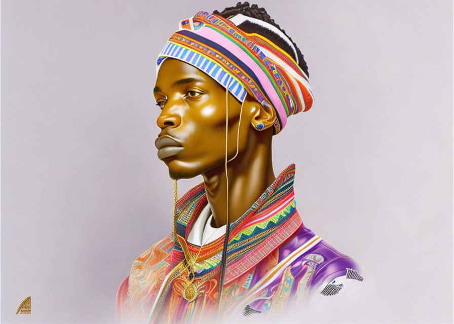 Colorful Tribal Patterns on Man's Clothing and Headband Portrait