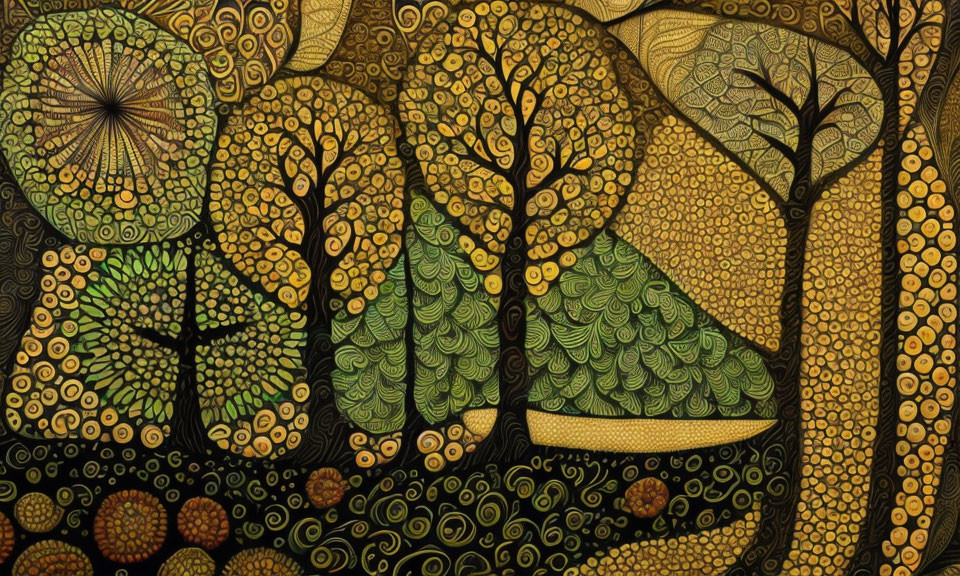 Abstract forest artwork in yellow, green, and brown hues