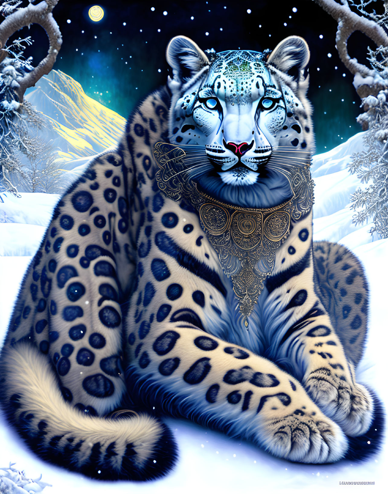 Snow leopard with intricate fur pattern in snowy mountain landscape