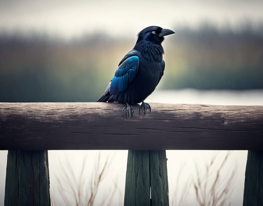 Striking blue-feathered bird on wooden railing with soft background