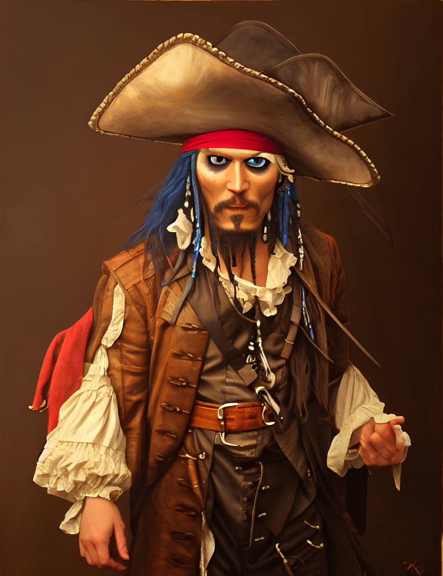 Detailed Pirate Costume Portrait: Large Hat, Red Bandana