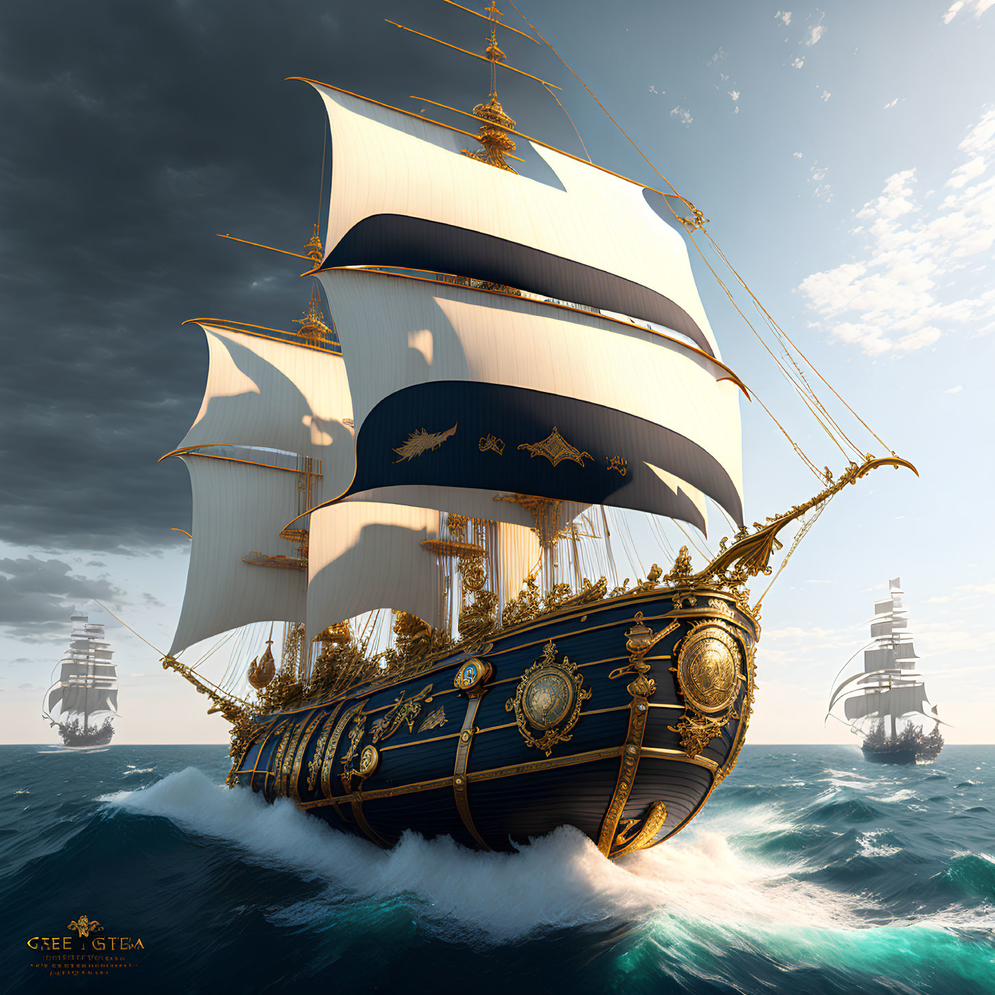 Golden-trimmed sailing ship with billowing white sails on the ocean under dramatic sky