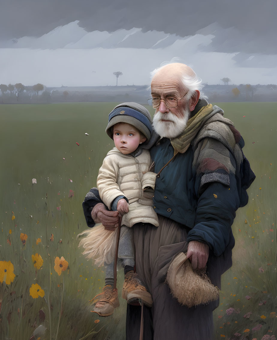 Elderly man with white beard and child in field under overcast skies