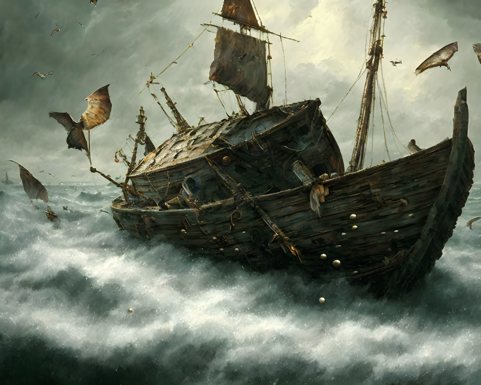 Weathered wooden ship braving stormy sea with tattered sails and birds.