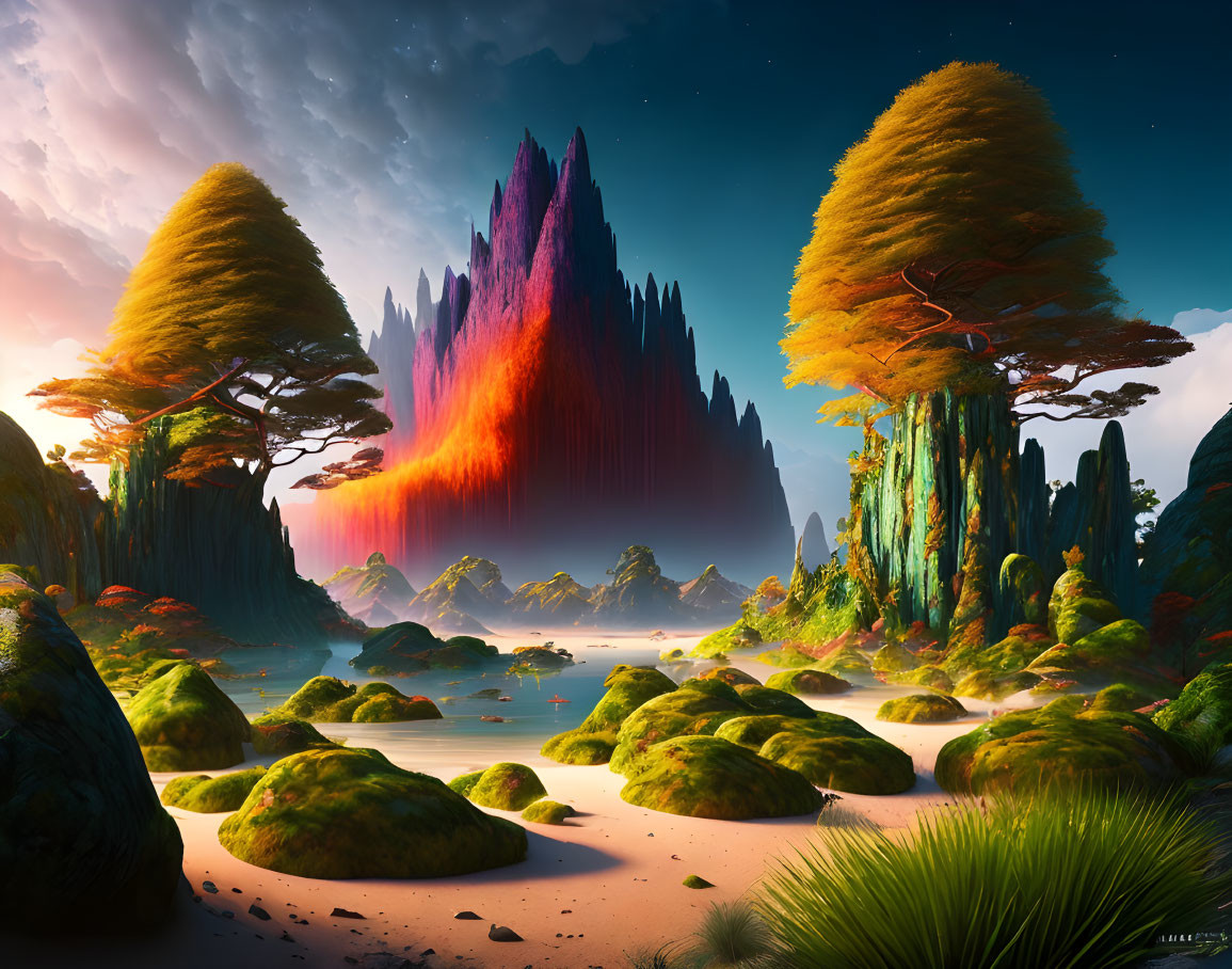 Alien landscape with towering rocks, vibrant trees, calm river, mossy stones, warm sky