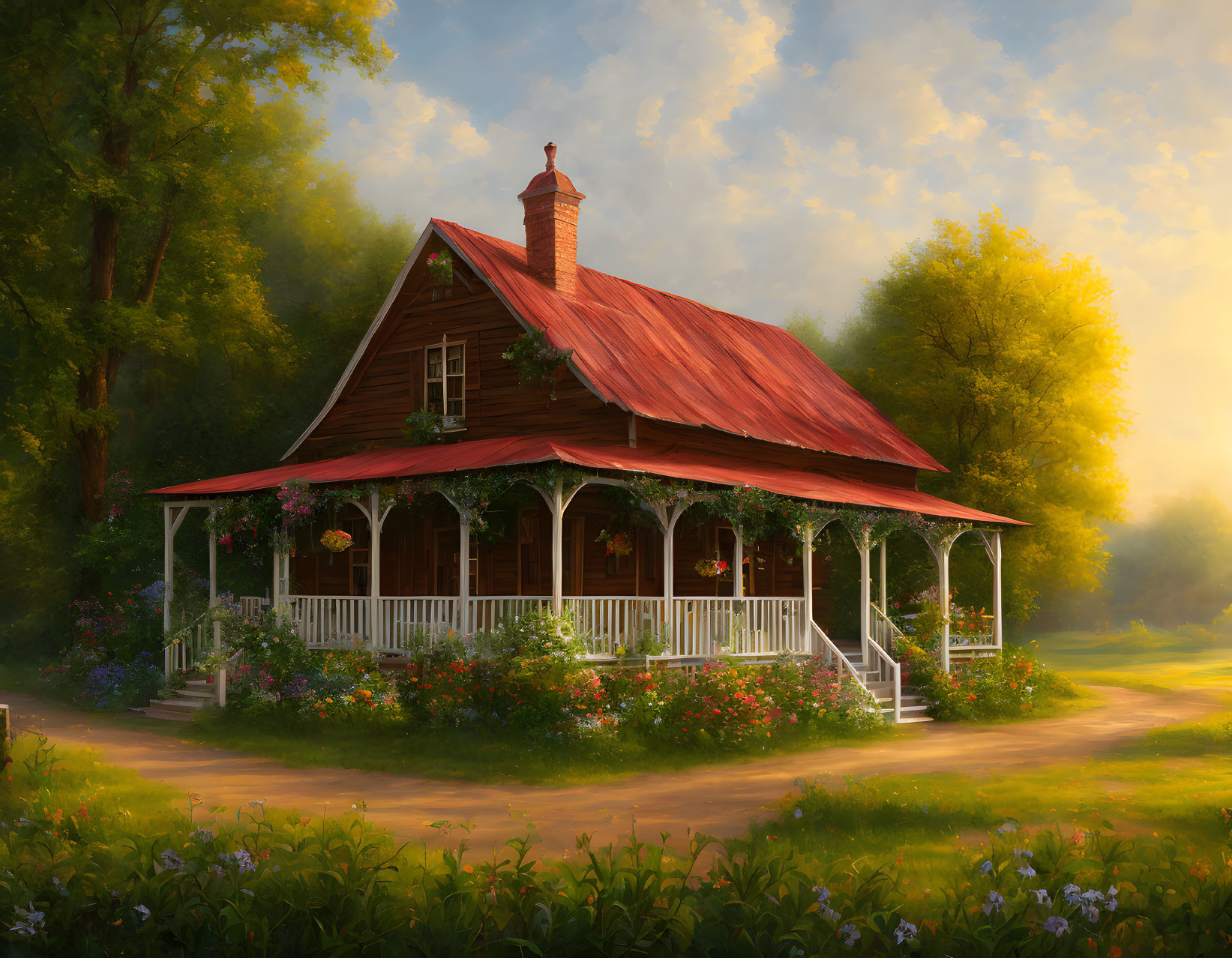 Tranquil digital painting of cozy wooden house in lush greenery