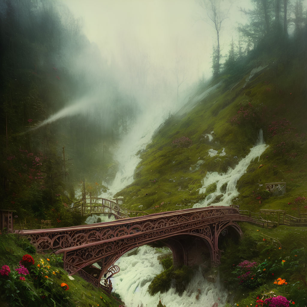 Ethereal landscape with rushing river, ornate bridge, lush greenery, vibrant flowers