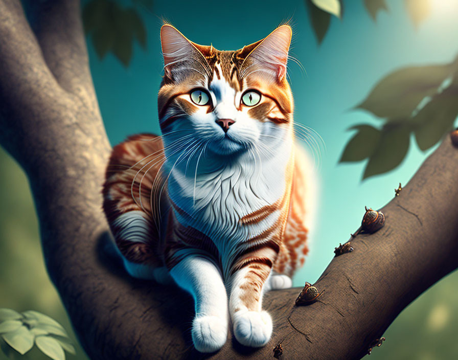 Orange and White Cat with Green Eyes on Tree Branch with Snails