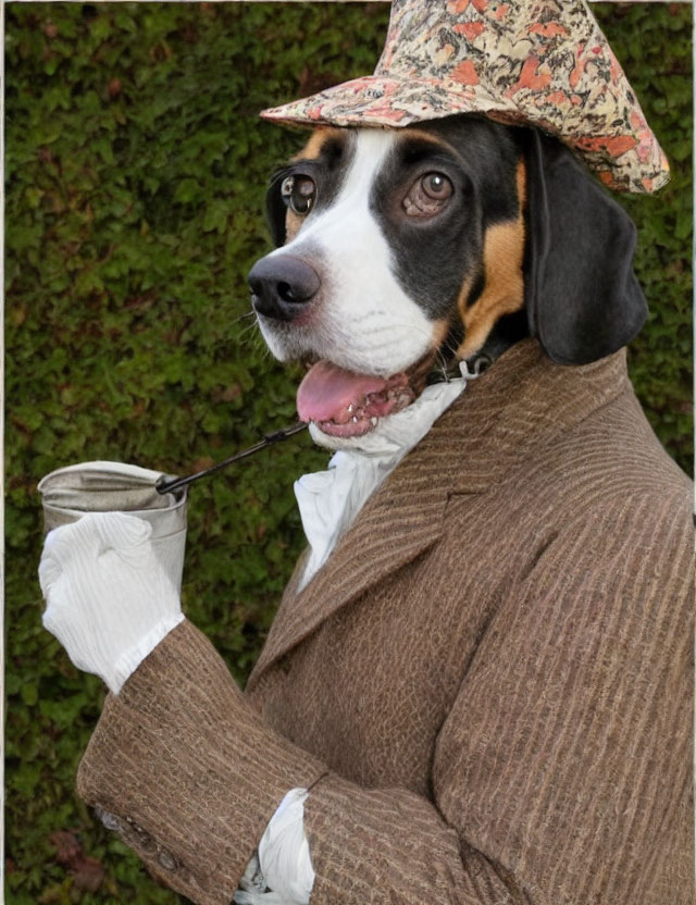 Dog Wearing Tweed Suit and Hat with Monocle in Human-like Pose