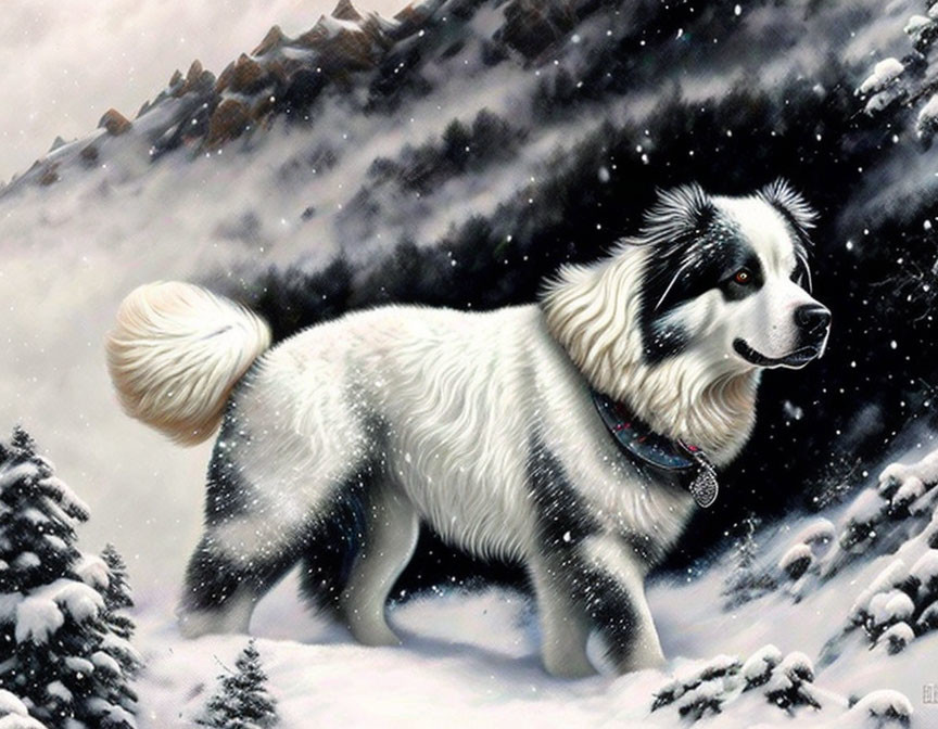 Black and White Fluffy Dog in Snowy Landscape