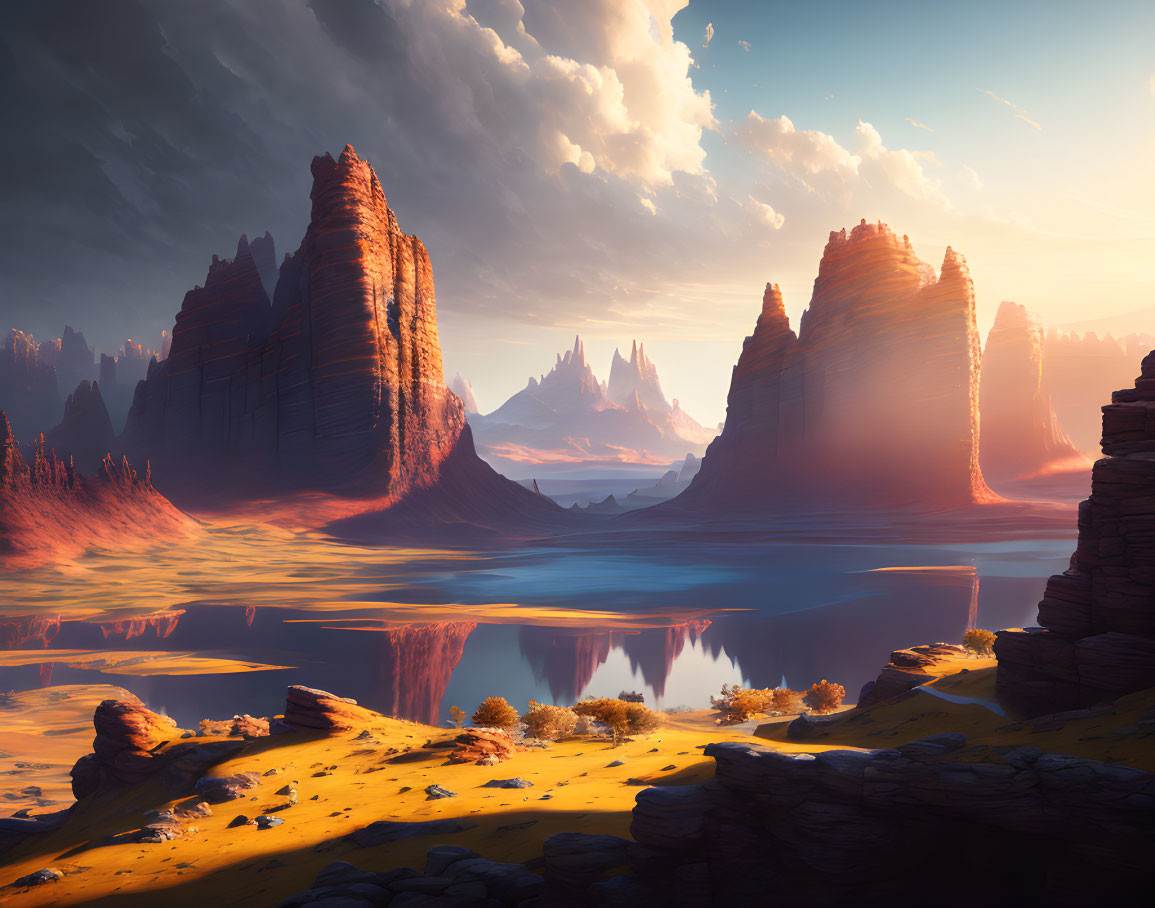 Tranquil lake with rock formations in serene desert sunset