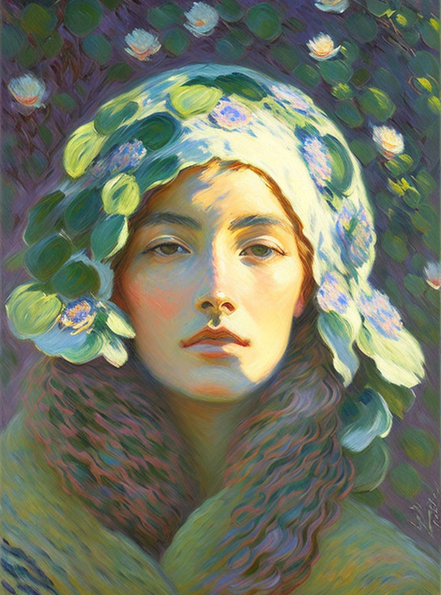 Impressionistic painting of woman in floral hat and green shawl