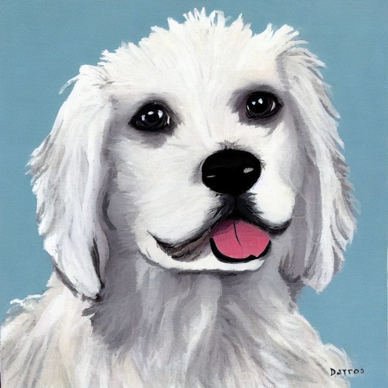 Fluffy White Dog Painting on Blue Background