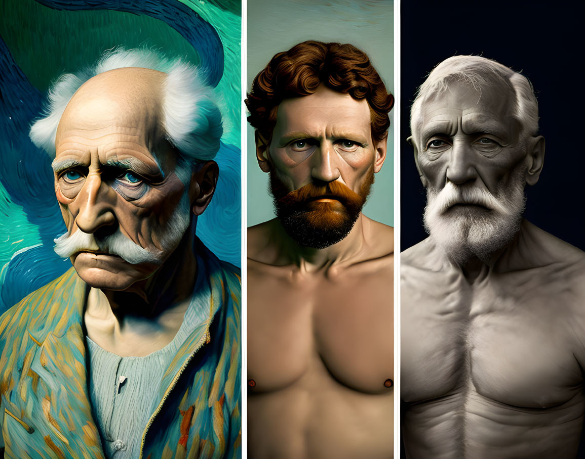 Stylized portraits of elderly men with distinct features