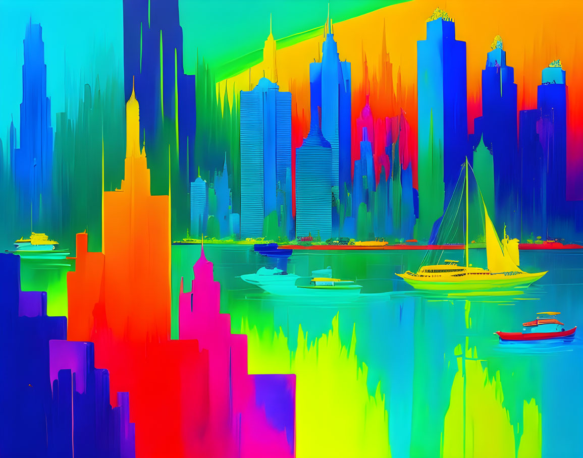 Colorful abstract cityscape with skyscrapers, boats, and calm waters