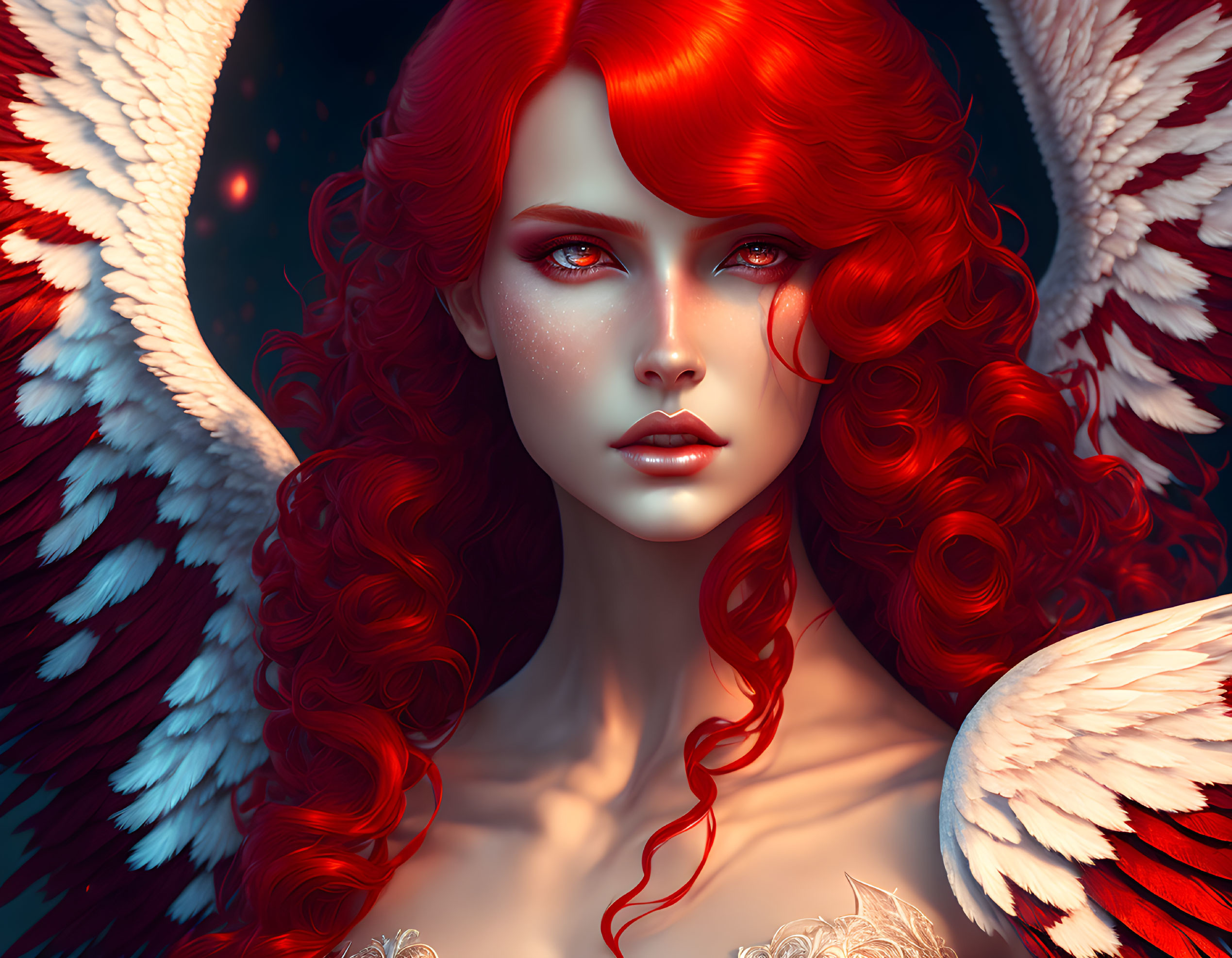 Fantastical female figure with red hair, blue eyes, and feathered wings