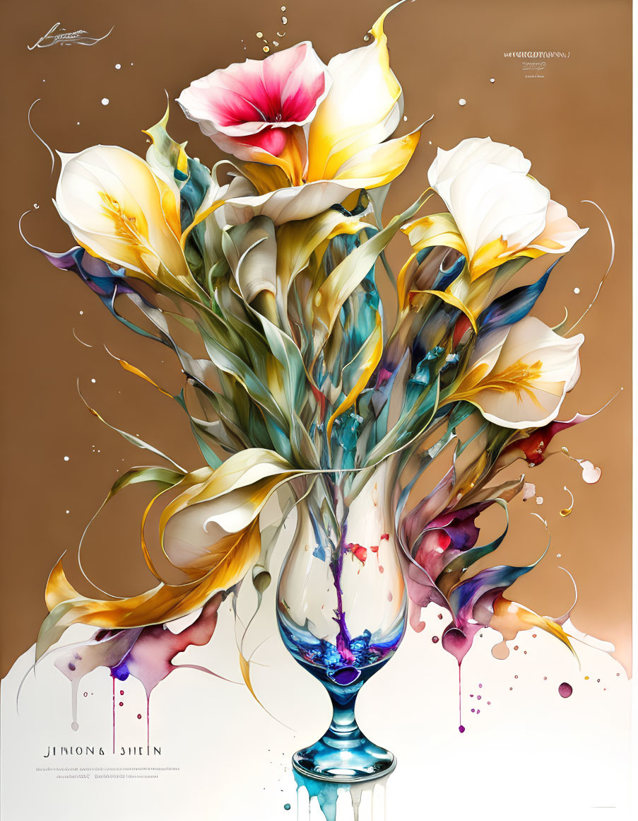 Colorful digital artwork: Abstract flowers in swirling vase with paint splashes