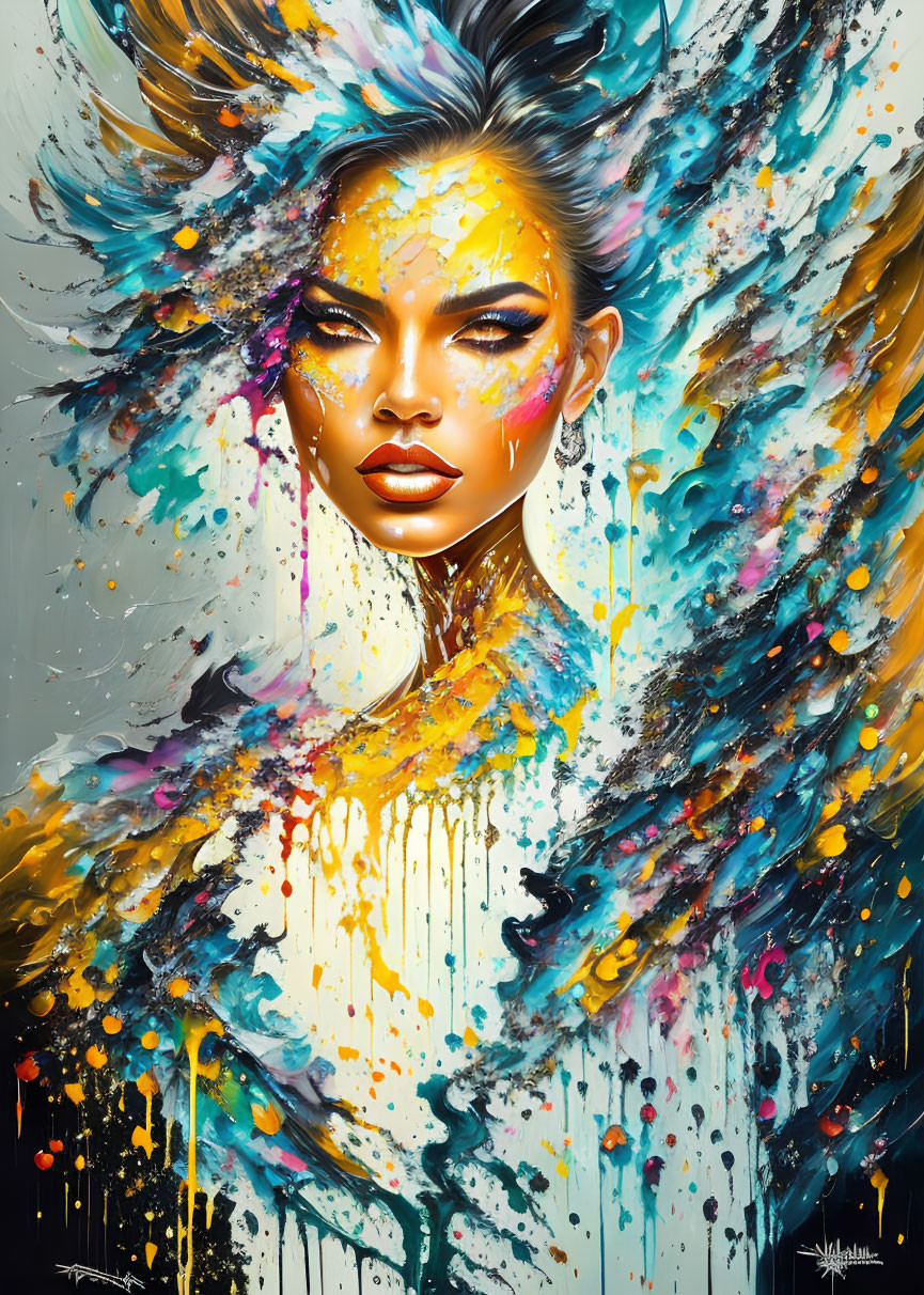 Colorful paint splashes adorn woman's portrait in dynamic display