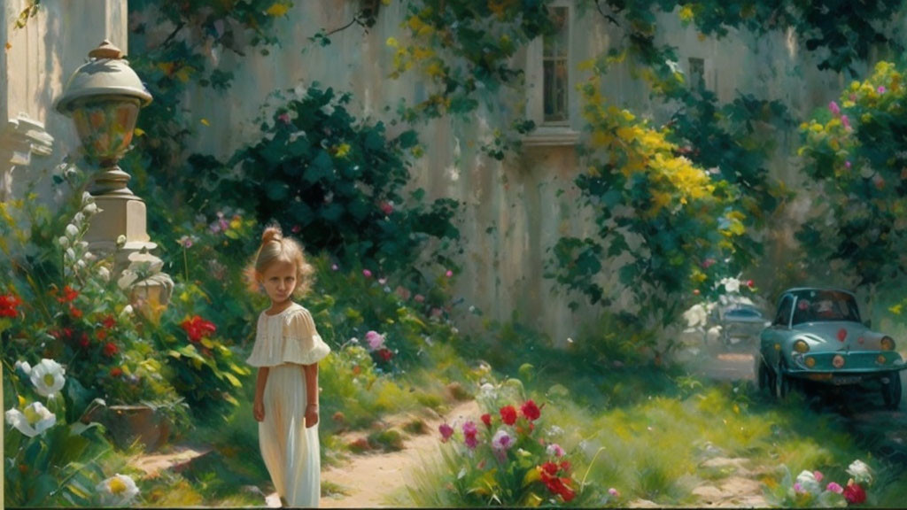 Young girl in white dress on sunlit path with blooming flowers and vintage car