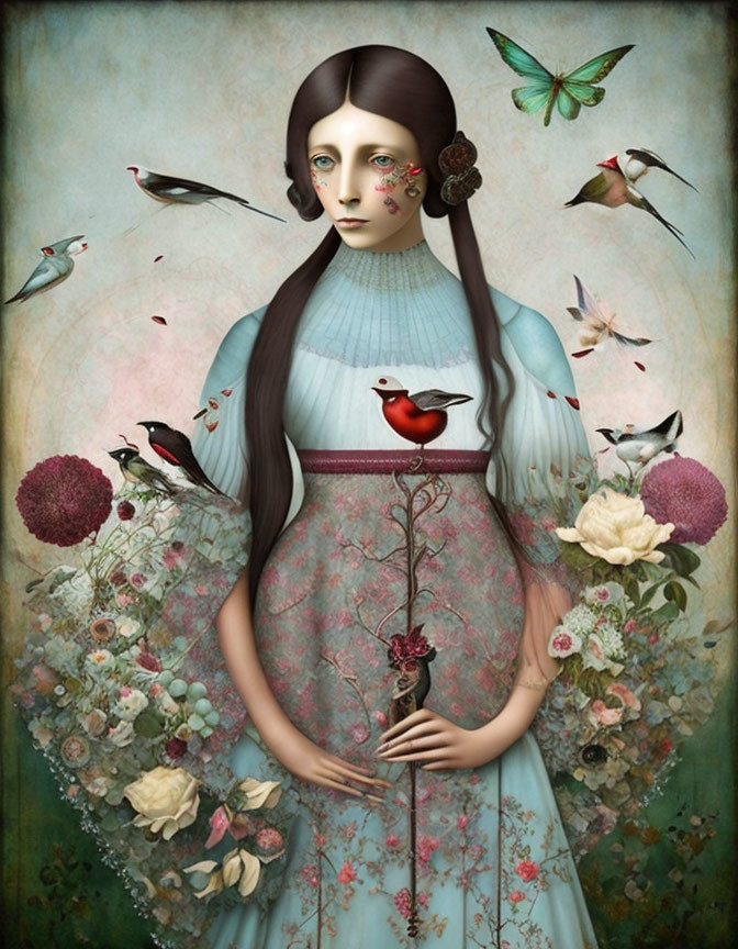 Surreal portrait of woman with elongated features, birds, and flowers