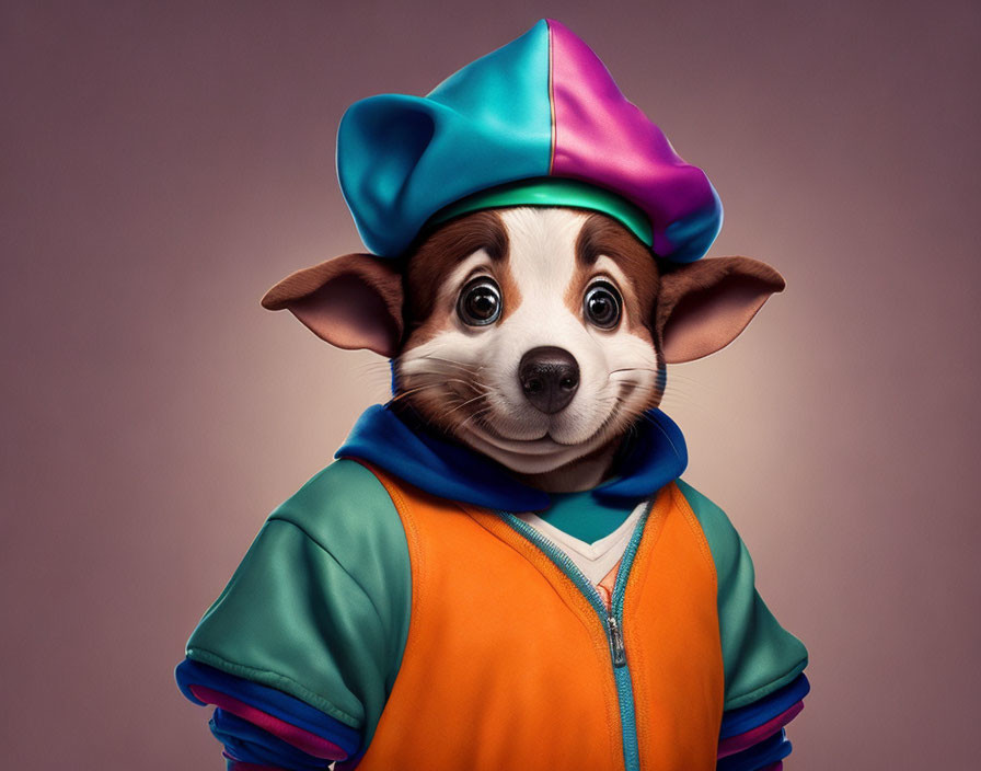 Colorful anthropomorphic dog character in jester hat and jacket on pink background