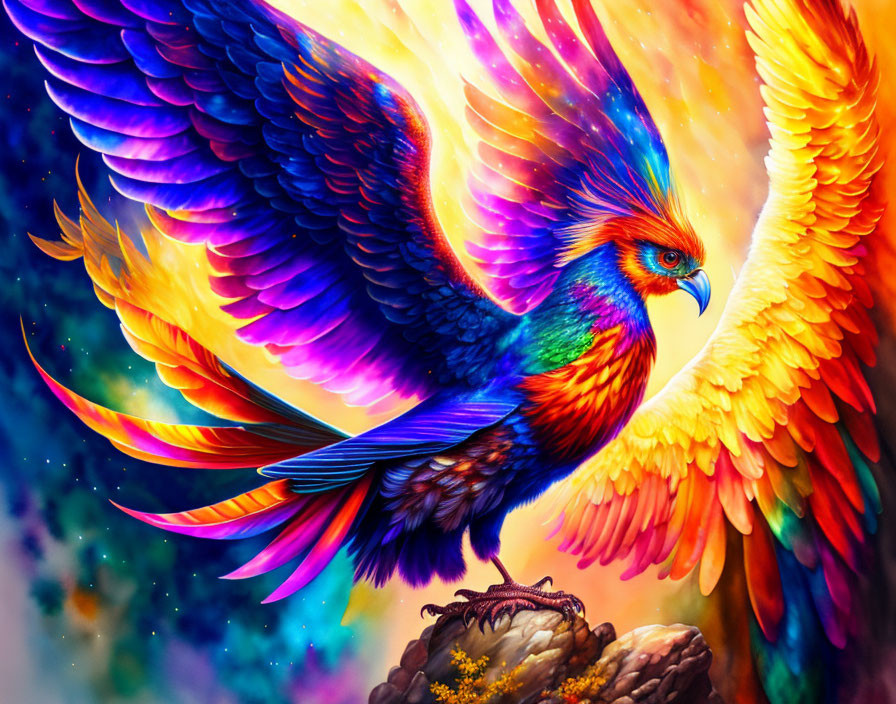 Colorful Phoenix Illustration Perched on Rock in Cosmic Background