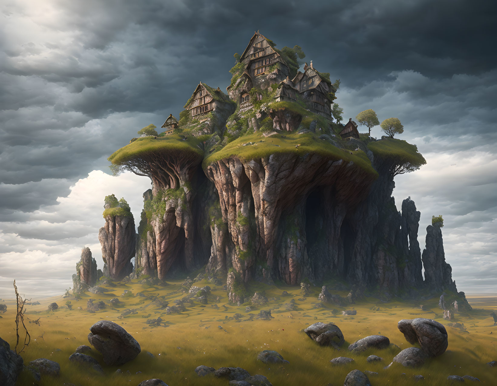 Enormous mushroom-like rock formation in fantasy landscape