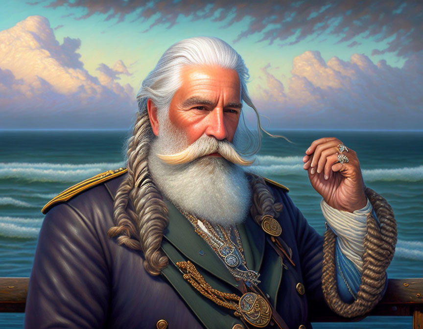 Elderly sea captain portrait in navy uniform on ship