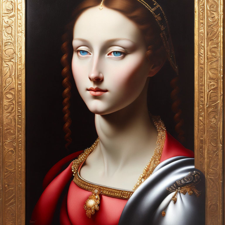 Realistic painting: Woman with blue eyes, auburn hair, red dress, gold jewelry,