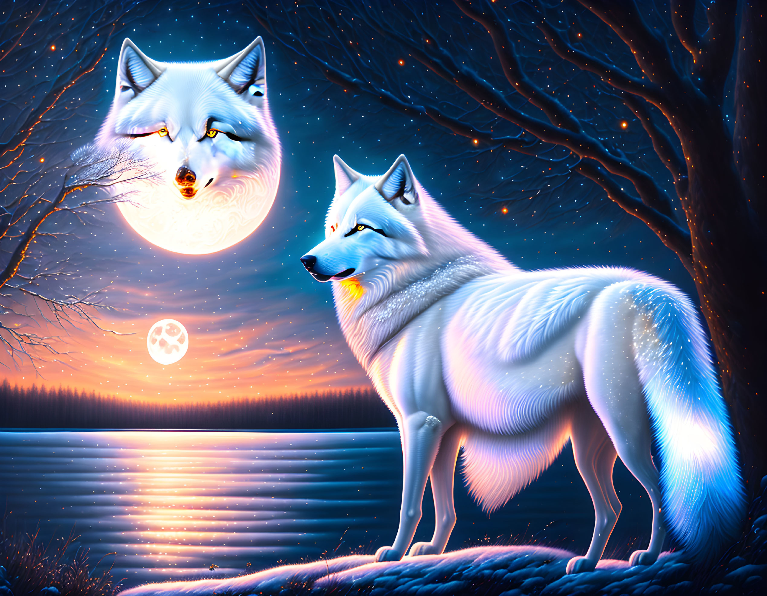 Luminous white wolves by lakeside under moonlit sky with ghostly wolf image.