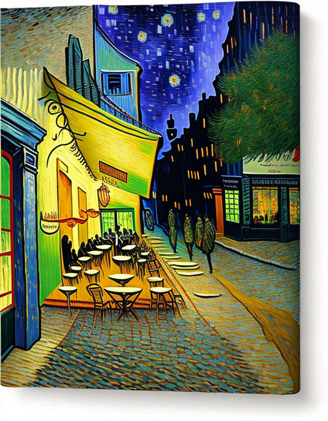 Vibrant Street Night Painting with Outdoor Cafe and Starry Sky