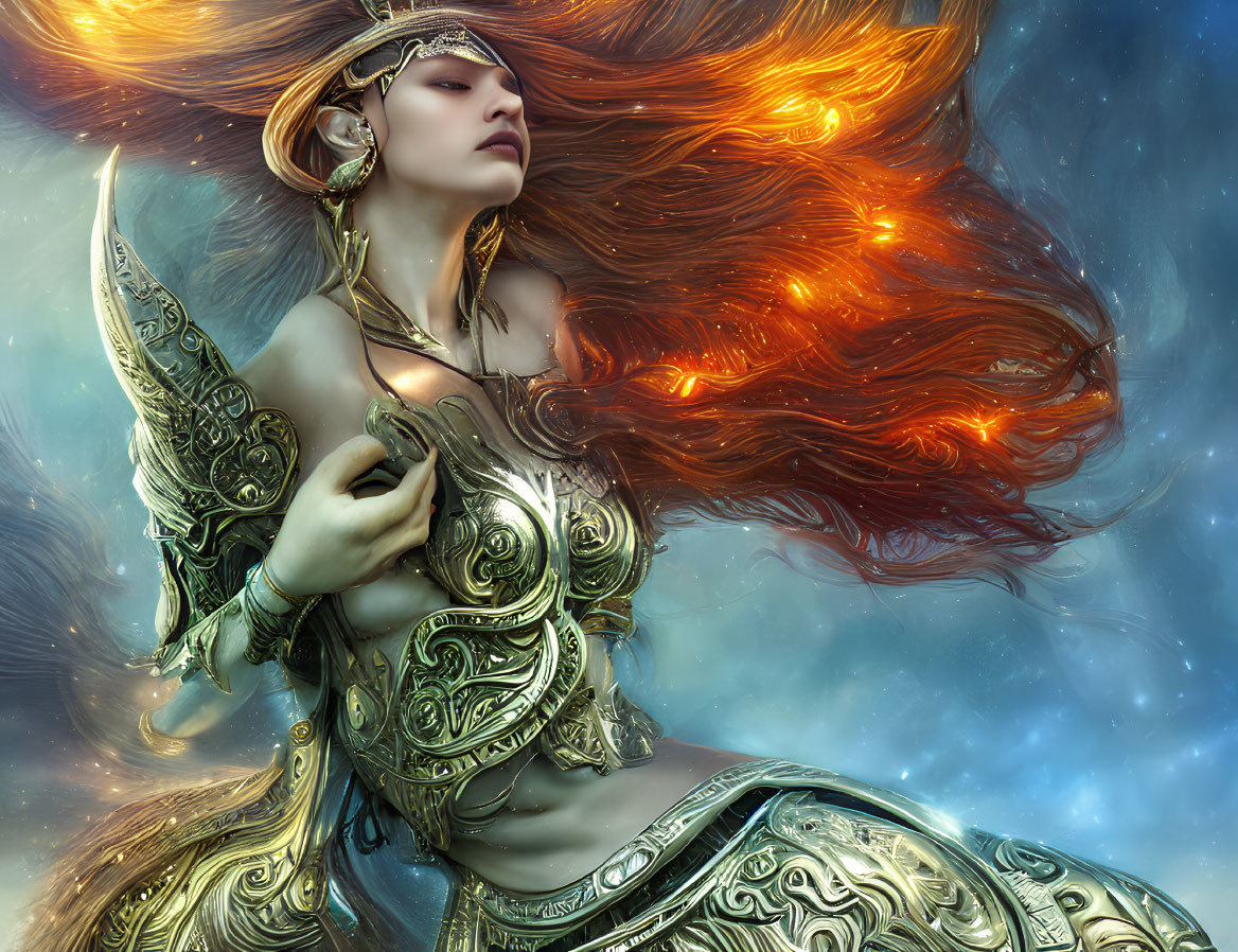 Fantasy Artwork: Woman with Fiery Hair & Golden Armor on Blue Background