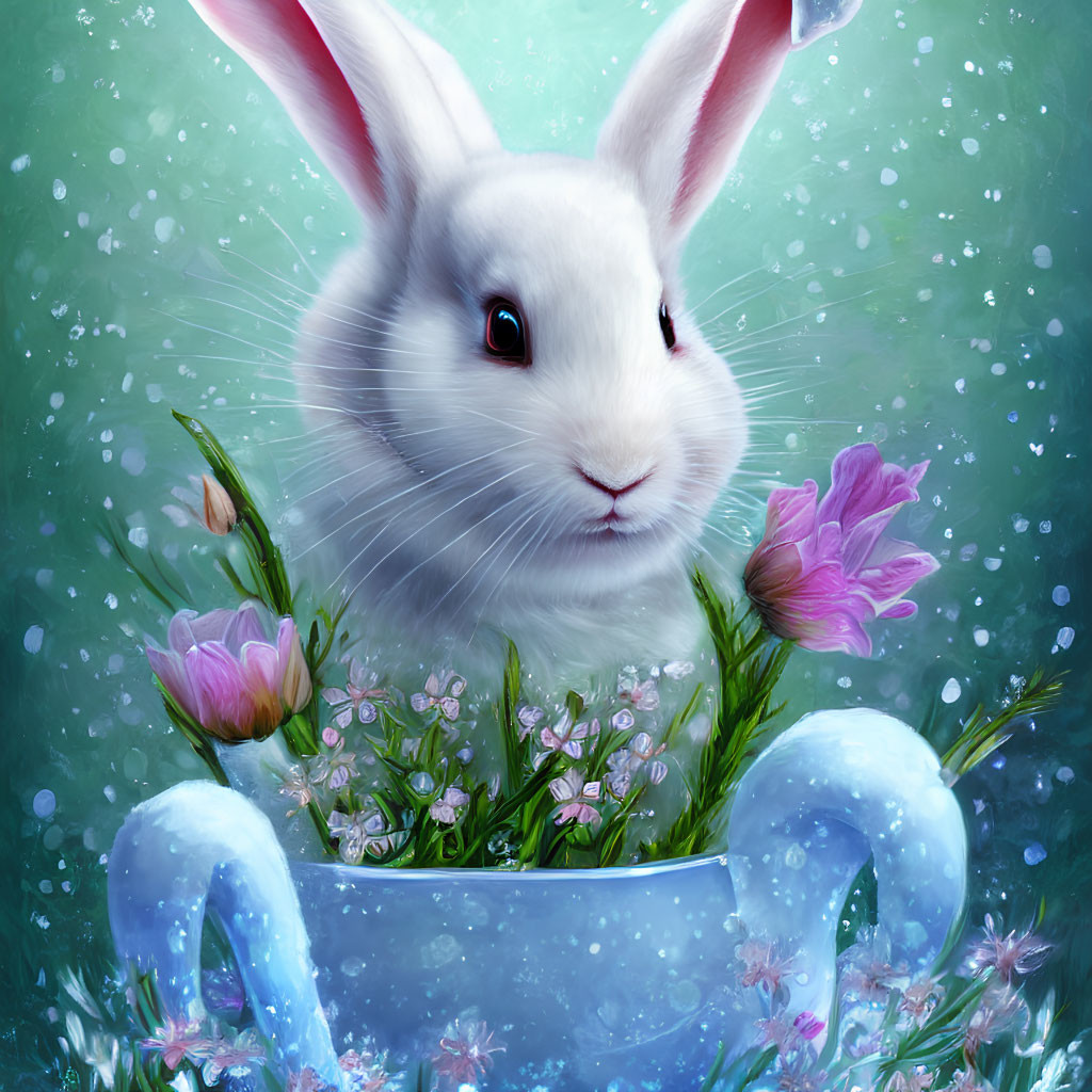 Illustration of white rabbit in blue bowl with flowers and magical green background